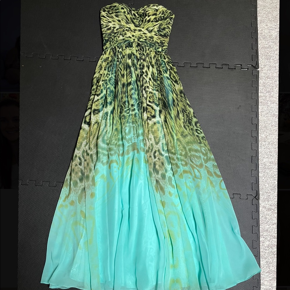 Peacock inspired print, strapless prom dress